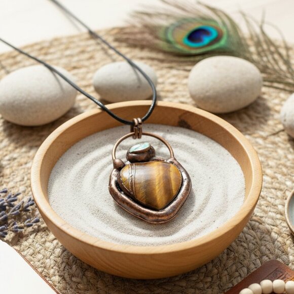 🆕️Boho Chic Copper Heart Pendant Necklace | Genuine Tiger's Eye & Abalone Shell - Picture 10 of 14